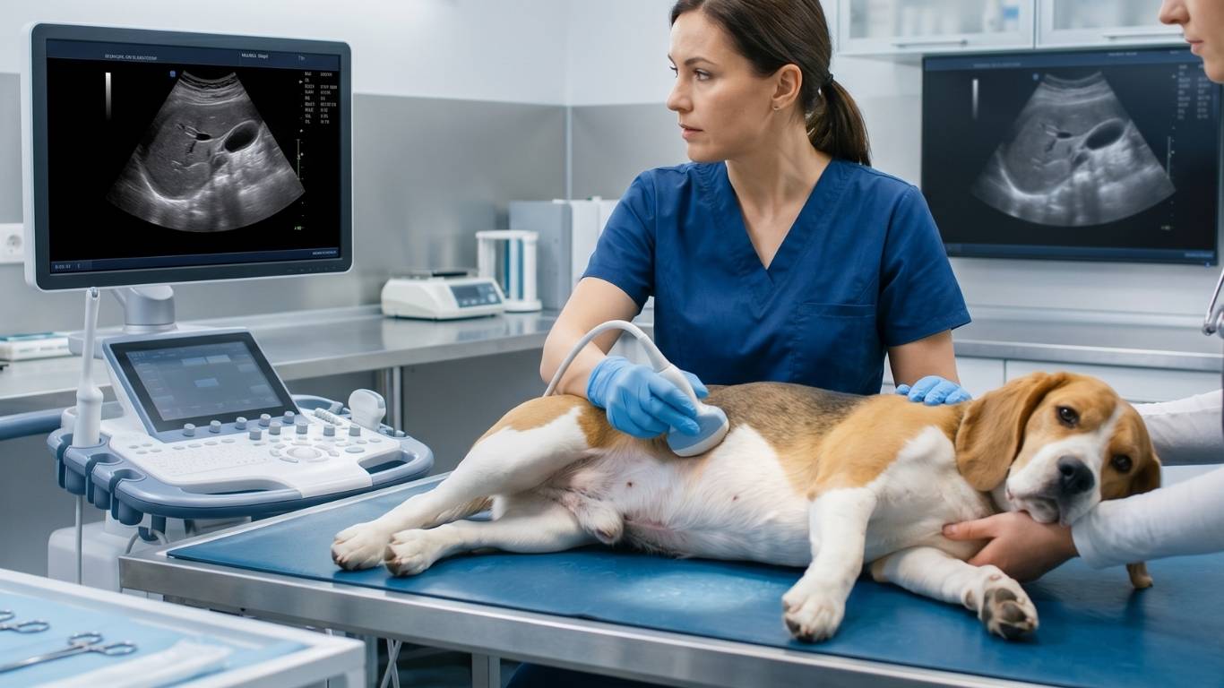 veterinaria realizando ecografia abdominal por sospecha colangiohepatitis