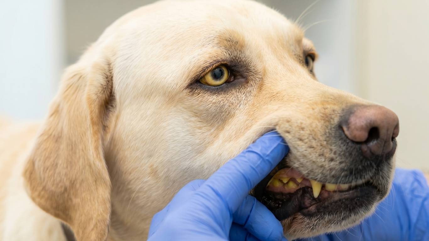 perro labrador con coloración amarillenta de ojos y dientes